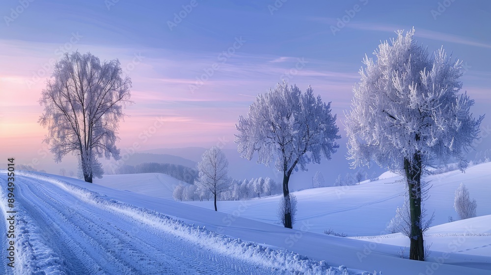 Poster winter dusk view with frosted trees and a soft twilight backdrop, capturing a peaceful and snowy lan