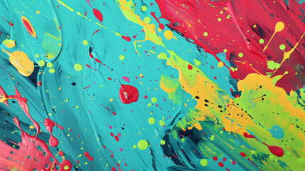 Dynamic abstract background with bold splashes of crimson, turquoise, and lime green paint, creating a lively and engaging visual effect