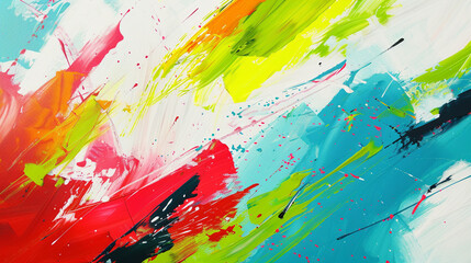 Dynamic abstract background with bold splashes of crimson, turquoise, and lime green paint, creating a lively and engaging visual effect
