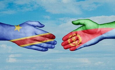 Eritrea and Congo-Kinshasa country handshaking with flags, consensus concept international co-operation illustration