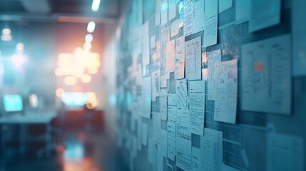 Naklejka premium Blurry Storyboard Wall in an Animation Studio with Ample Copy Space for Text