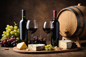 Wine bottle, glasses, cheese, grapes and barrel