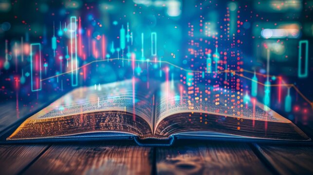 Open book with financial charts overlay