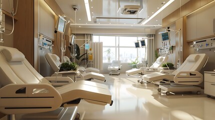 High-tech hospital infusion therapy room with modern chairs and equipment