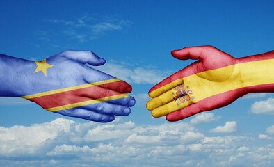 Spain and Congo-Kinshasa country handshaking with flags, consensus concept international co-operation illustration