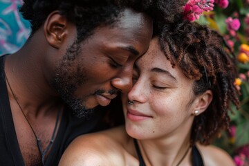 Portrait of a glad multicultural couple in their 20s giving a kiss on the forehead
