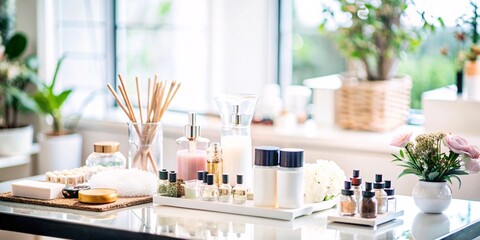 Serene Spa Setting. A bright and airy image featuring a collection of white spa accessories, towels, candles, and delicate flowers, creating a tranquil and luxurious atmosphere.