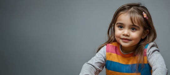Little girl looking at something, blank advertisement banner background with copy space
