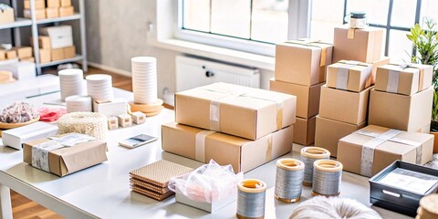 Small Business Workspace with Packed Orders Ready for Shipping. Bright and airy workspace of a small online business with shelves full of cardboard boxes, packaged orders ready for shipment.