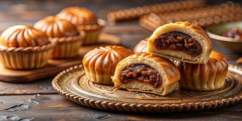 Fototapeta premium Traditional oriental pastry filled with sweet date dough, maamoul, middle eastern, dessert, pastry, cookie, homemade, sweet