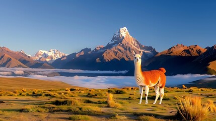 Solitary Alpaca Enjoying Fresh Grass in Mountain Landscape