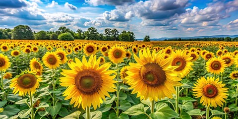 Fototapeta premium Vibrant field of sunflowers in full bloom, summer, agriculture, yellow, flowers, nature, farming, growth, sunny, scenic, outdoors