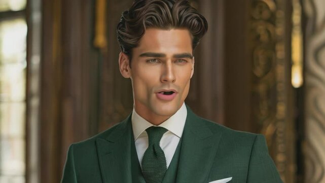 A stylish and sophisticated man in a green suit exudes confidence and elegance as he poses in a refined, classic interior setting. Perfect for fashion campaigns, luxury brand promotions, or scenes dep