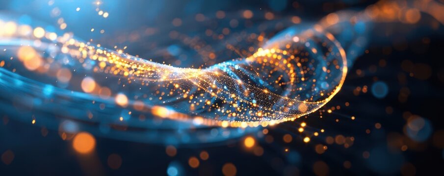 Abstract blue and gold light particles swirling in a wave-like motion.