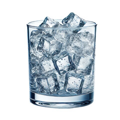 A clear glass filled to the brim with sparkling ice cubes, isolated on a transparent background.