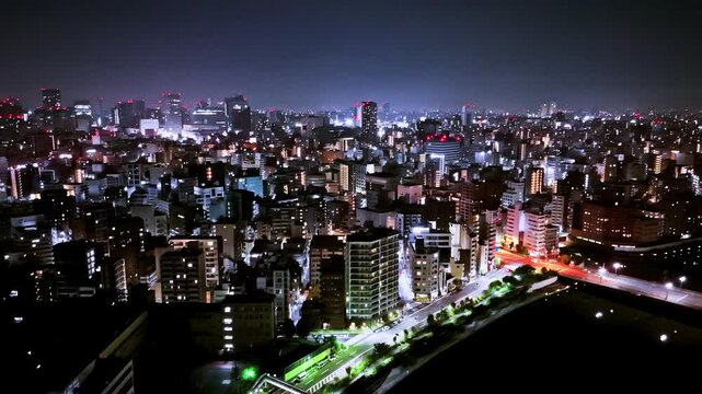 4K Drone night footage of the Tokyo downtown, Japan