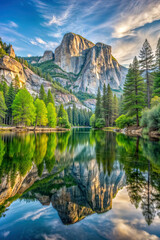 Serene mountain landscape reflected in a still lake. Digital wall art is ideal for  travel projects, environmental campaigns, and inspirational wall art.