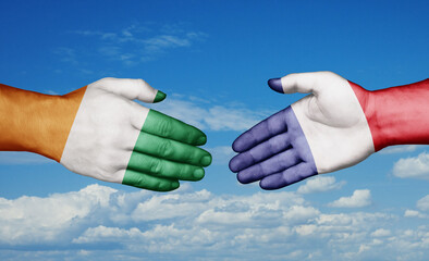 Ivory Coast and France country handshaking with flags, consensus concept international co-operation illustration