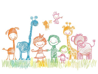 Fototapeta premium Children's drawing showing children and animals happily playing together.