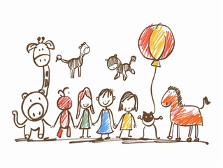 Children's drawing showing children and animals happily playing together.