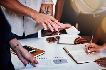 Business people, hands or tablet screen with office documents in social media planning, strategy or...