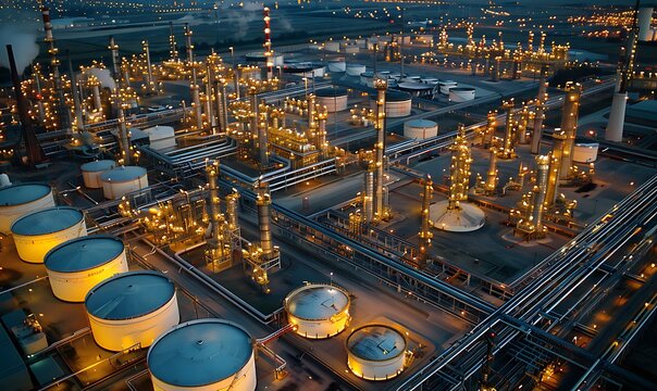 A sprawling oil and gas power plant refinery with storage tanks, illustrating the complexity of energy production and infrastructure