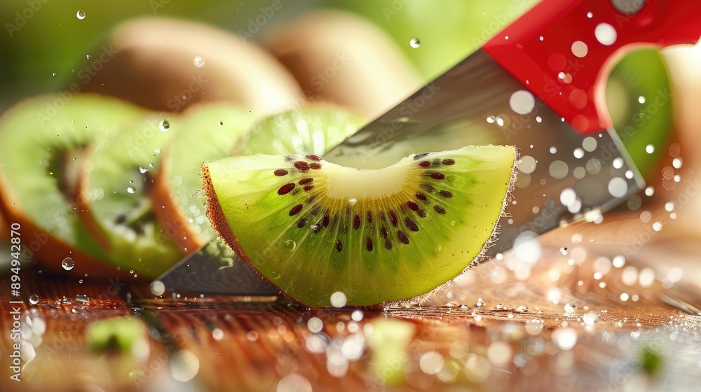 Poster red knife slicing a kiwi on wooden table with blurred background slice falling