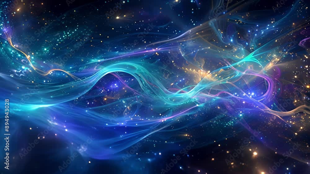 Poster an ethereal space vista adorned with flowing ribbons of light shimmering orbs and abstract forms in 