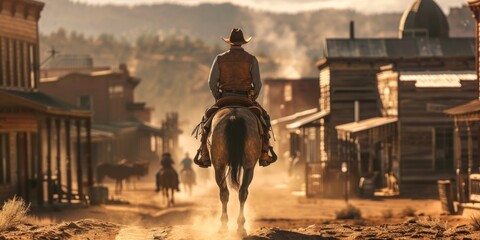 Obraz premium Rugged Cowboy's Silhouette: Lone Rider Overlooking Wild West Town at Sunset. Cinematic Western Scene Captures Frontier Spirit, Adventure, and Untamed Landscape. Atmospheric 4K Illustration of American