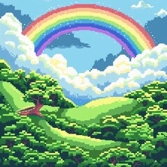 Fototapeta premium A vibrant pixel art landscape featuring lush hills, a rainbow arching through fluffy clouds, and serene natural beauty.