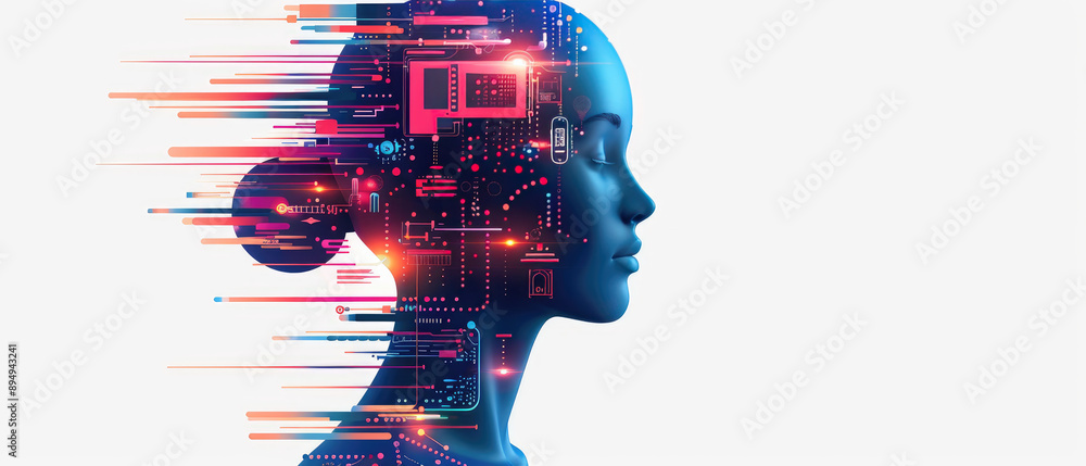 Poster explore a flat design illustration showcasing ai-driven innovation in machine learning, highlighting