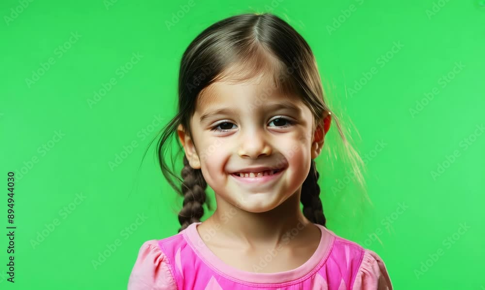 Sticker Portrait of a little girl with braids on a green background