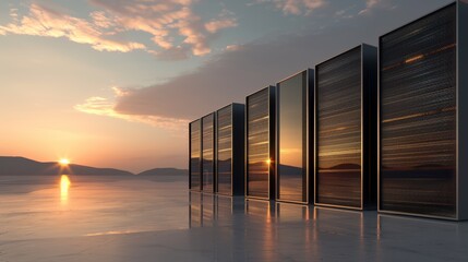 Modern data center with sleek servers against a stunning sunset backdrop, showcasing technology and nature in harmony.
