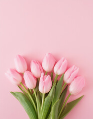 Fototapeta premium Pink tulip flowers bouquet on white background, Social media history background