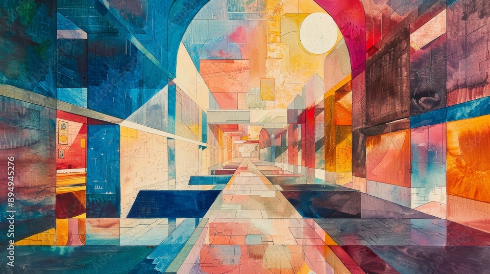 Aufkleber vibrant abstract geometric painting featuring colorful shapes and architectural elements with dynami