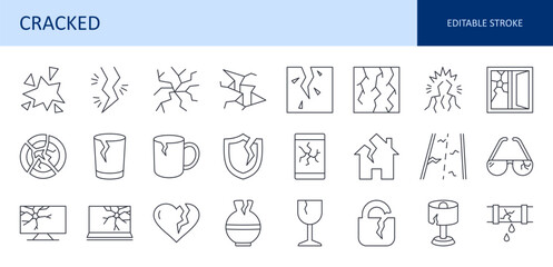 Vector icons cracked glass, dishware. Broken display smartphone, laptop, TV. Crack in the ground, asphalt, water pipe. Damaged house, window, lock, vase, lamp, glasses. Editable stroke thin line set