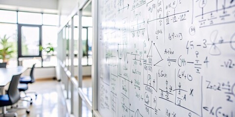 Whiteboard Covered in Complex Mathematical Equations and Diagrams. A whiteboard filled with a chaotic mix of handwritten mathematical formulas, diagrams, and calculations. 