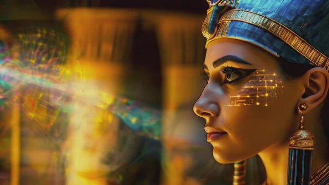Portrait of a beautiful woman in traditional Egyptian clothing in an ancient Egyptian temple. Cleopatra or Nefertiti Queen of Egypt