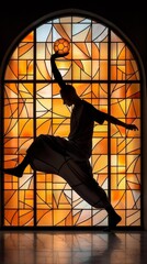 Silhouetted Soccer Player Leaping Through Stained Glass in Gothic Cathedral