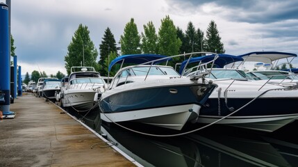 Boats on a trailer in the parking lot of a boat sports store for sale or rental, a sunny day with a blue sky in the background. luxury ship, maintenance, and parking place boat, marine industrial
