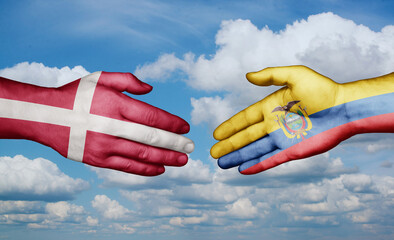 Ecuador and Denmark country handshaking with flags, consensus concept international co-operation illustration