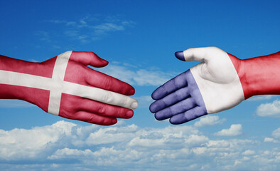 Denmark and France country handshaking with flags, consensus concept international co-operation illustration