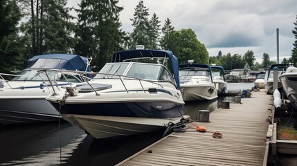 Fototapeta premium Boats on a trailer in the parking lot of a boat sports store for sale or rental, a sunny day with a blue sky in the background. luxury ship, maintenance, and parking place boat, marine industrial