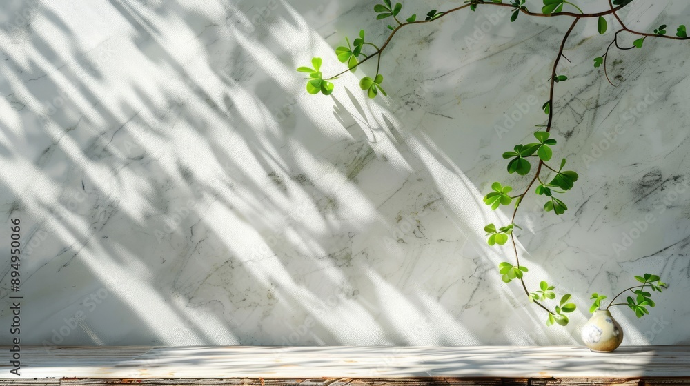 Poster Spring sunlight on green branch casts shadows on white marble wall beside wood table, copy space.