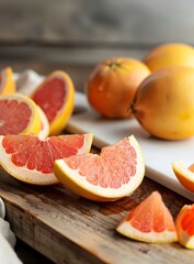 Freshly Cut Pink Grapefruit Slices on Wooden Board