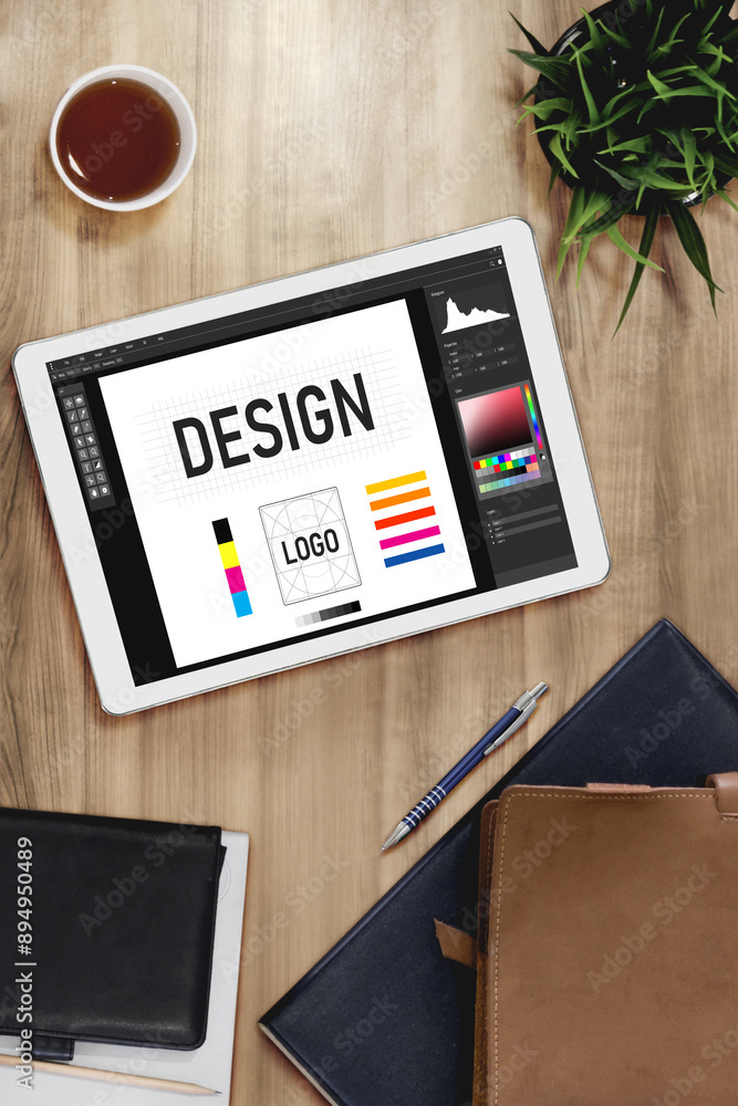 Aufkleber graphic designer software for modern design of web page and commercial ads showing on the computer s