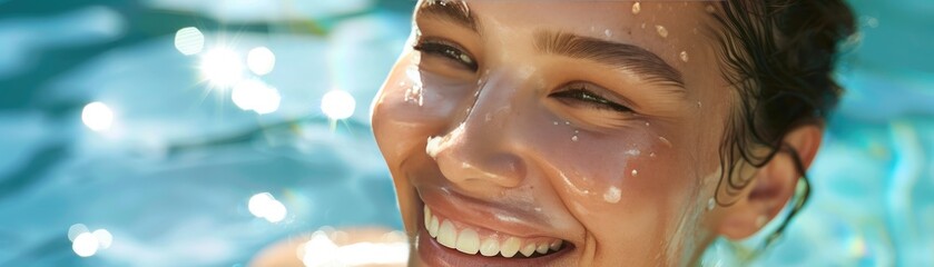 Obraz premium Close-up of a woman smiling with a glowing complexion, spa results, skincare success, radiant beauty, healthy lifestyle