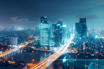 Ho Chi Minh city in Vietnam with smart city and communication network concept. Wireless telecommunication communication technology.