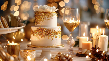 Elegant two-tiered wedding cake adorned with gold glitter and a decorative flower, surrounded by candles and festive decor