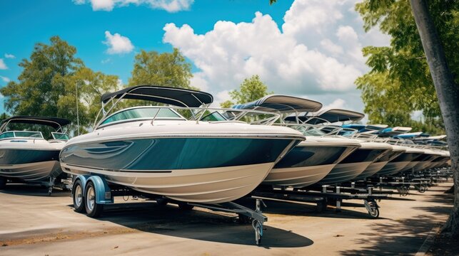 Boats on a trailer in the parking lot of a boat sports store for sale or rental, a sunny day with a blue sky in the background. luxury ship, maintenance, and parking place boat, marine industrial